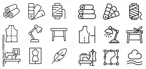 Textile icons with fabric rolls swatch spool linear outline