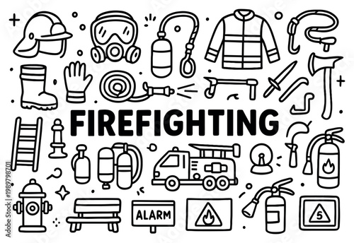 Firefighting icons with helmet truck and extinguisher outline
