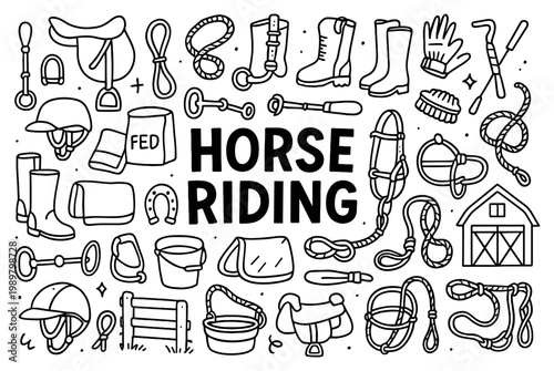 Equestrian icons with saddle bridle horseshoe rope doodle outline