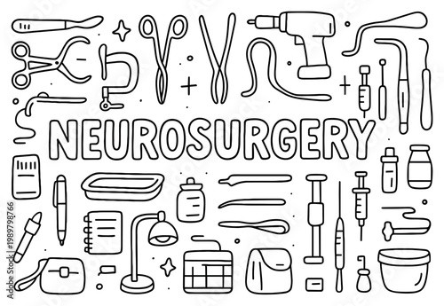 Neurosurgery icons with forceps drill syringe outline doodle