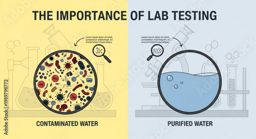 Laboratory testing comparison infographic showing contaminated water versus purified water with petri dish analysis vector illustration