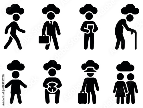 People icons with walking briefcase cane silhouette glyph style