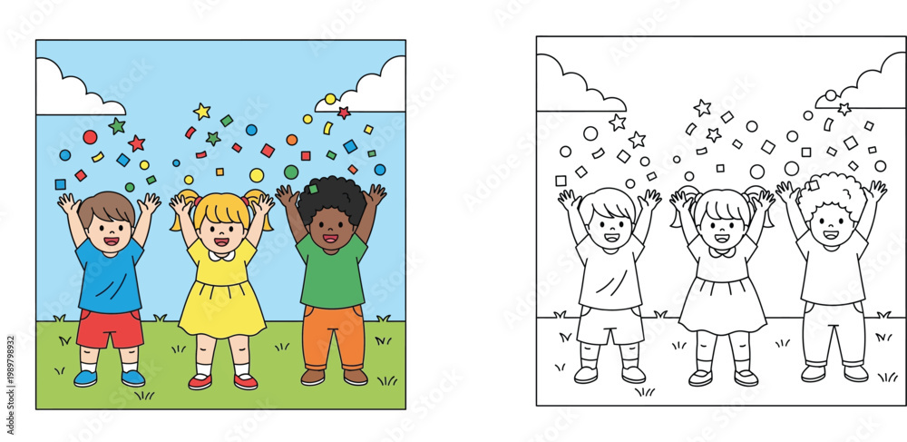 Fototapeta premium Cheerful Group of Diverse Children Throwing Colorful Shapes in the Park, Cartoon Illustration and Outline Coloring Version for Kids Activities and Coloring Book Projects