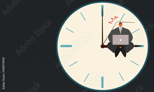 Illustration of time pressure and deadline stress. A small office worker sits under a large clock, symbolizing urgency, anxiety, and the pressure of managing time in a fast-paced professional environm