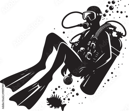 Scuba Diver Silhouette Vector Illustration Icons. 