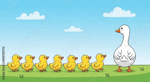 Cartoon illustration of a mother goose leading her line of fluffy yellow goslings across a grassy meadow under a clear blue sky