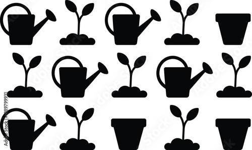 Gardening Icons: Watering Can, Sprout, and Pot Silhouette Set