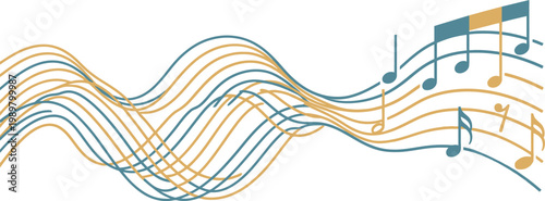 Vibrant wavy lines and colorful music notes on white background