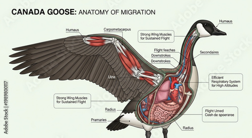 Scientific anatomy of Canada goose wing muscles and respiratory system for high altitude flight and migration efficiency educational poster