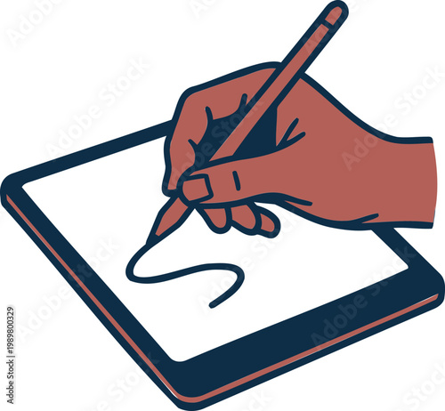 Hand drawing on a digital tablet with a stylus pen vector illustration of a person creating digital art on a touchscreen device