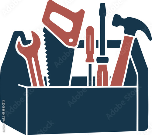 Toolbox with various construction tools like hammer, saw, wrench and screwdriver icon