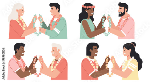 Diverse group of people exchanging traditional Hawaiian flower leis. Celebrating lei day with smiles and colorful floral garlands. Aloha spirit greeting and cultural exchange.