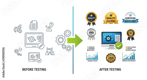 Professional software quality assurance testing infographic showing before and after process improvements with icons and performance certification medals