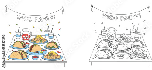 Taco Party Illustration Set with Tacos Nachos and Drinks, Mexican Food Buffet Cartoon Vector with Outline Coloring Page Version for Kids Activities and Restaurant Menu Design