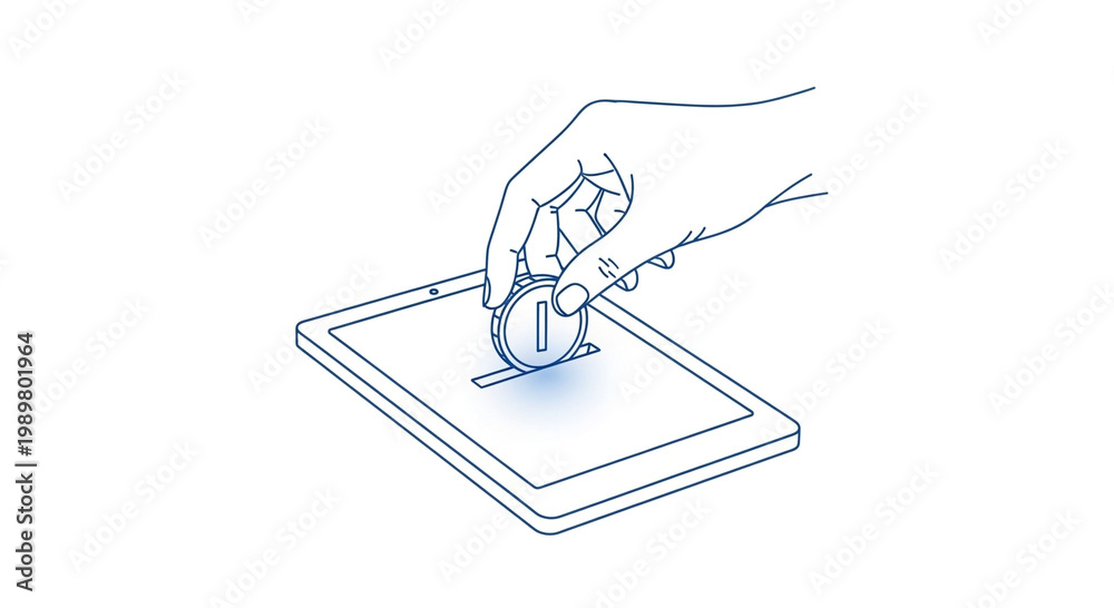 Obraz premium Line drawing of a hand inserting a coin into the slot of an electronic device screen, symbolizing digital payment transactions, online donations, or e‑transactions in white background