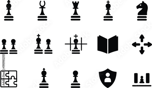 Flat design chess strategy icons set with tactical moves and opening plans for business and education