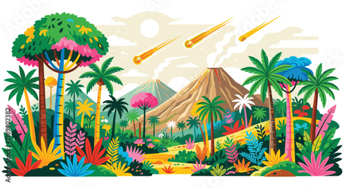 Exotic jurassic nature featuring eruption mountains and tropical plants. Flat vector scenery of ancient earth with palm trees colorful foliage and falling stars. Primitive wild wilderness background.