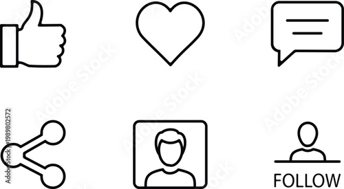 Social media icons set likes hearts comments shares profiles and follow buttons