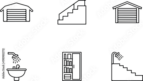 Black and white line art icons depicting architectural elements and plumbing fixtures