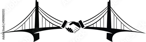 A black and white vector graphic illustration of a handshake between two people under a suspension bridge