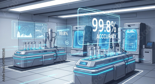 Modern laboratory interior with high tech robotic equipment and digital holographic displays showing ninety nine point eight percent accuracy