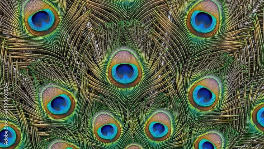 Fototapeta premium A vibrant display of peacock feathers with colorful eyespots