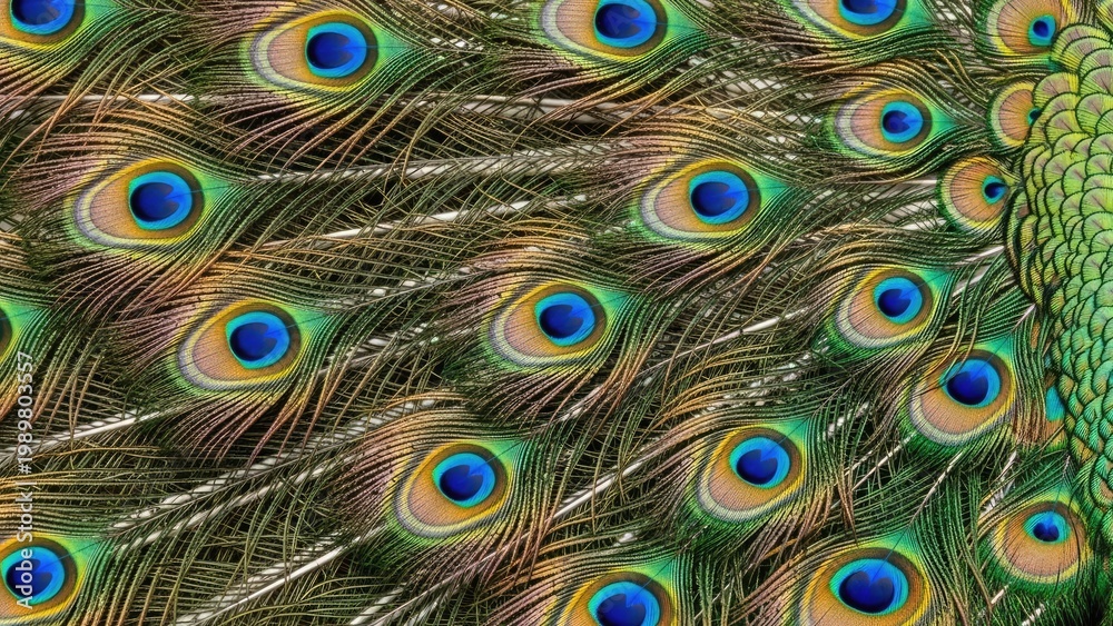 Fototapeta premium A vibrant display of peacock feathers with colorful eyespots and intricate patterns
