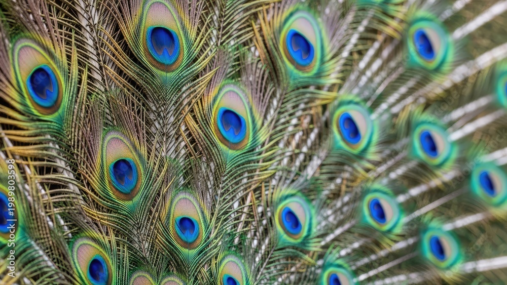 Obraz premium A vibrant display of peacock feathers with blue and green eyespots