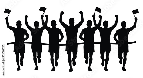 Athletic people running towards camera celebrating victory with flags and raised arms, black silhouette group of joggers participating in race or sport event on minimalist white background.