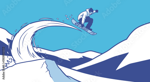 Dynamic illustration of a snowboarder catching air off a large snow wave in a stylized winter mountain landscape.