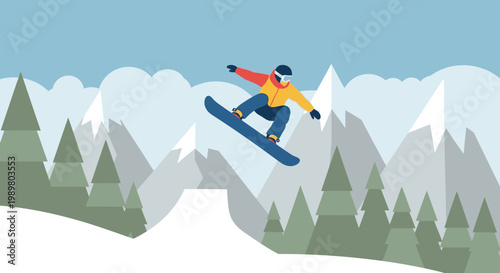 A snowboarder in mid-air performing a jump over a snowy mountain landscape with evergreen trees and a cloudy sky.