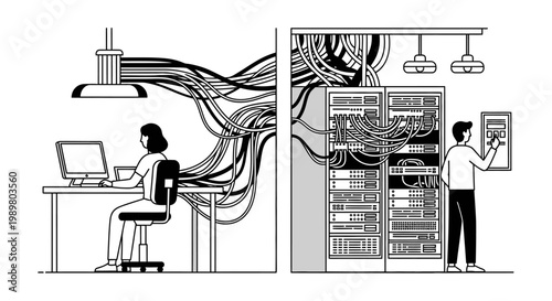 Illustration showing a person working on a computer connected by numerous cables to a server room where another person manages the network infrastructure.