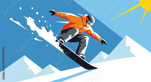 Dynamic illustration of a snowboarder in an orange jacket performing a jump on a snowy mountain slope under a bright blue sky with a shining sun.