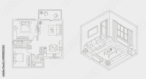 Detailed architectural floor plan and isometric interior design rendering of a modern living space.