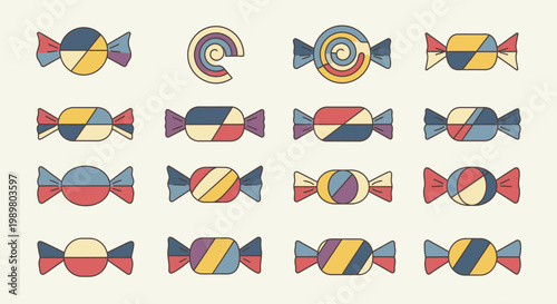 A collection of colorful stylized wrapped candies and sweets with various patterns and shapes on a light background, perfect for graphic design.