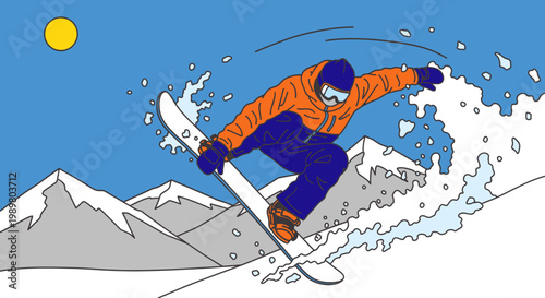 An energetic illustration of a snowboarder in an orange jacket and blue pants jumping over a snowy mountain slope under a bright yellow sun.