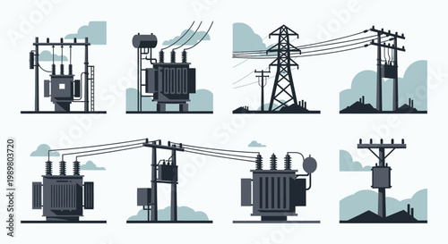 A collection of various electrical power infrastructure elements, including transformers, utility poles, and a high-voltage transmission tower, illustrating electricity distribution.