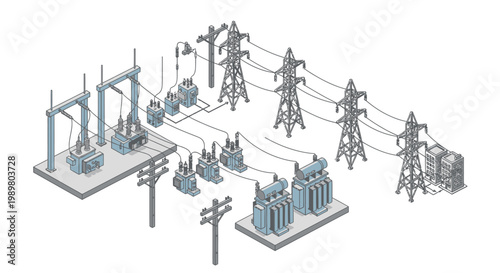 Isometric illustration of an electrical power transmission and distribution network with substations, transformers, and high-voltage lines.