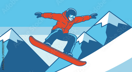 An illustration of a snowboarder in a red jacket jumping high in the air over snowy mountains with a blue sky background.