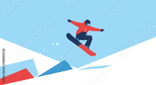 A minimalist illustration of a snowboarder in a red jacket performing a jump against a light blue sky and white snowy landscape.