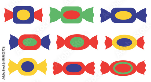 A collection of nine colorful wrapped candies with various shapes and vibrant color combinations.