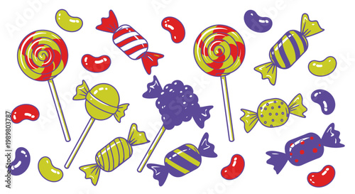 A colorful assortment of various candies including swirled lollipops, wrapped sweets, and scattered jelly beans on a white background.