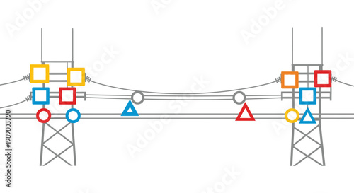 Diagram illustrating two electricity transmission towers connected by multiple power lines with various colored components.