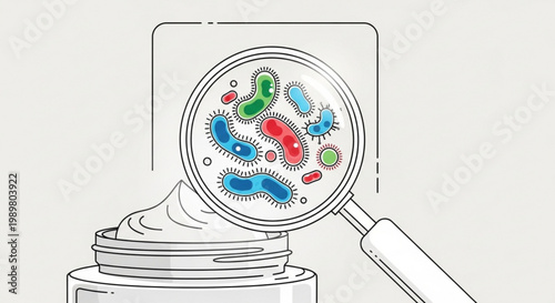 Magnifying glass examining bacterial growth on a cosmetic cream jar representing hygiene testing and dermatological safety analysis for skincare products