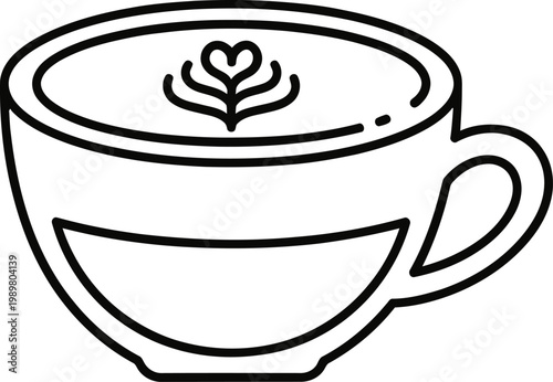 A stylish latte art coffee cup with a heart-shaped foam design