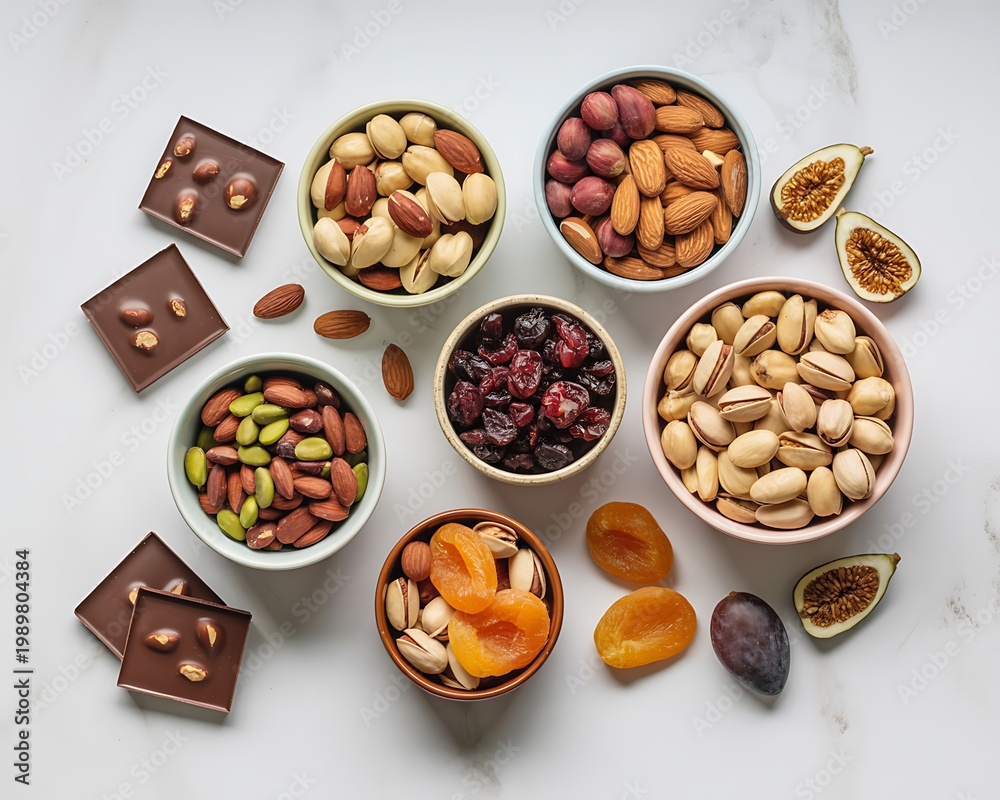 Obraz premium Title: Various types of nuts dried fruits and chocolate pieces in bowls on a white marble surface with fresh figs