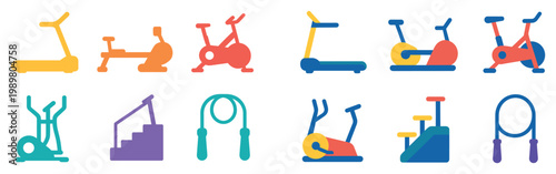 Fitness icons with treadmill bike rope colorful