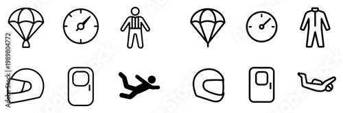 Skydiving icons with parachute helmet jumper outline