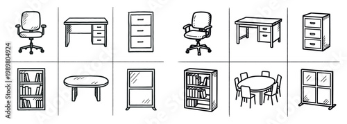 Office icons with chair desk drawer outline