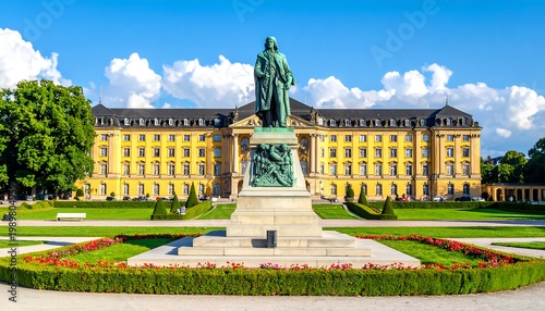 Sunny day view of a large, yellow palace with a statue in the foreground. Manicured lawns and gardens frame the building